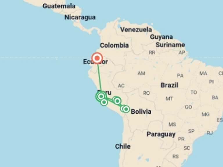 Map of South America City sightseeing Tour with 8 destination visits for the trip: Land of the Incas