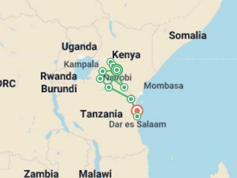 Map of Nairobi Wildlife Tour with 11 destination visits for the trip: Best of East Africa