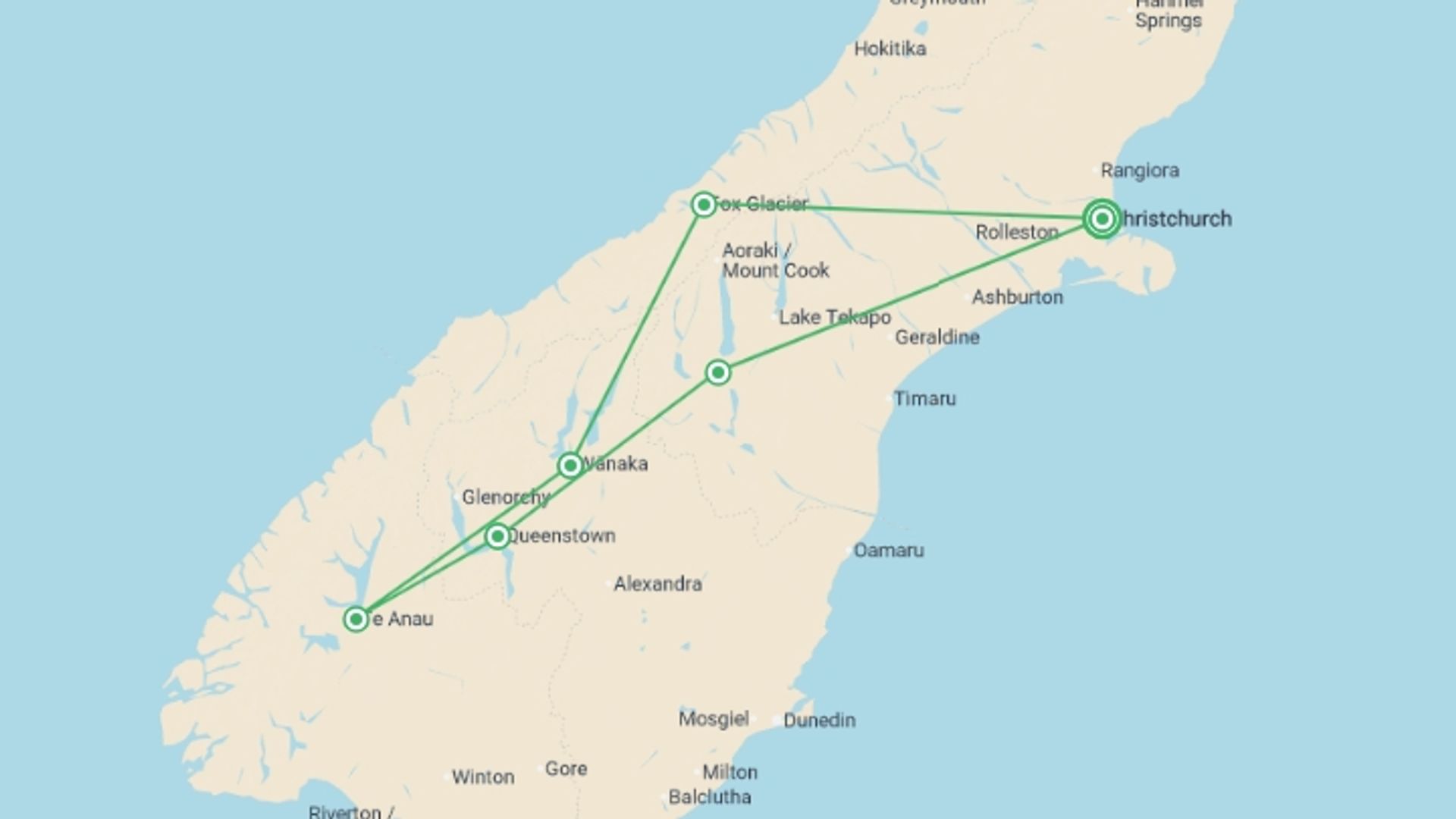 A map showing the tour itinerary for the trip: New Zealand Ultimate Scenic South, starting in Christchurch, New Zealand and ending in Wellington, New Zealand going through 5 other destinations.