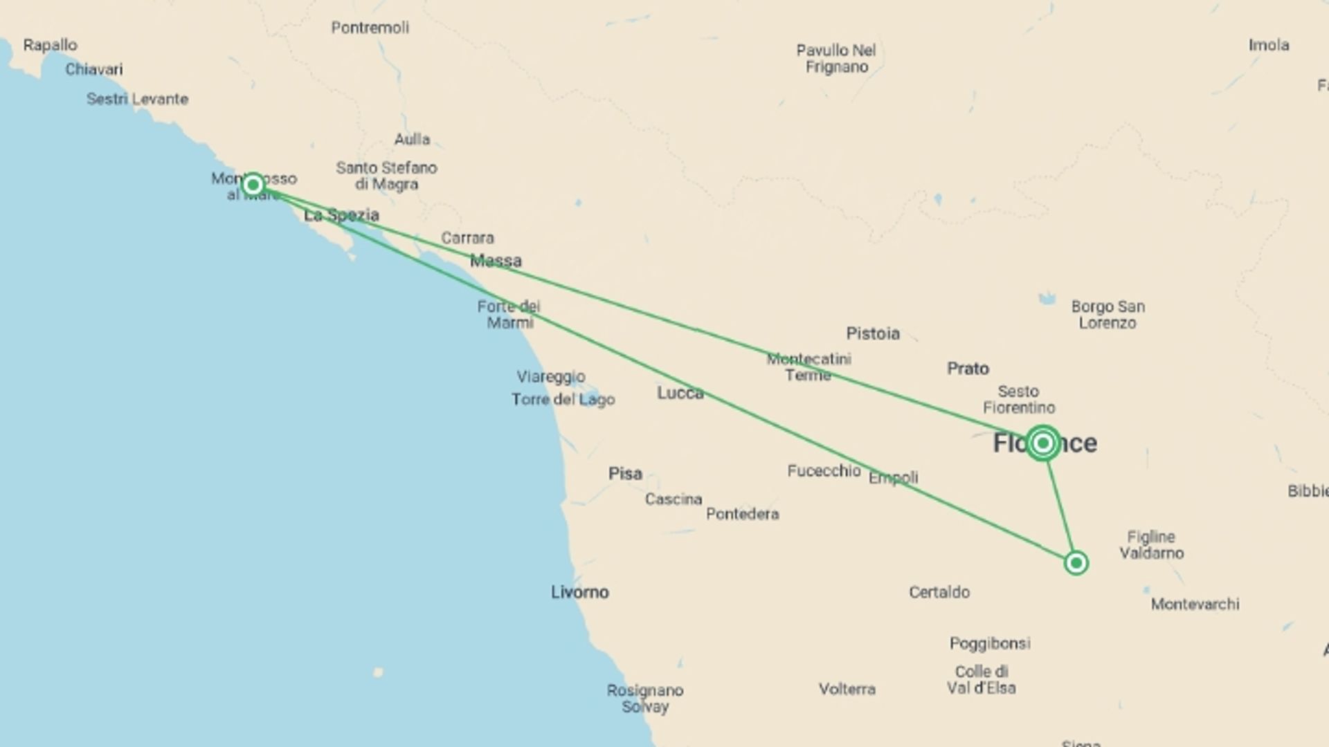 A map showing the tour itinerary for the trip: Tuscany to Cinque Terre: Wines, Villages & Unforgettable Walks, starting in Florence, Italy and ending in Florence, Italy going through 2 other destinations.