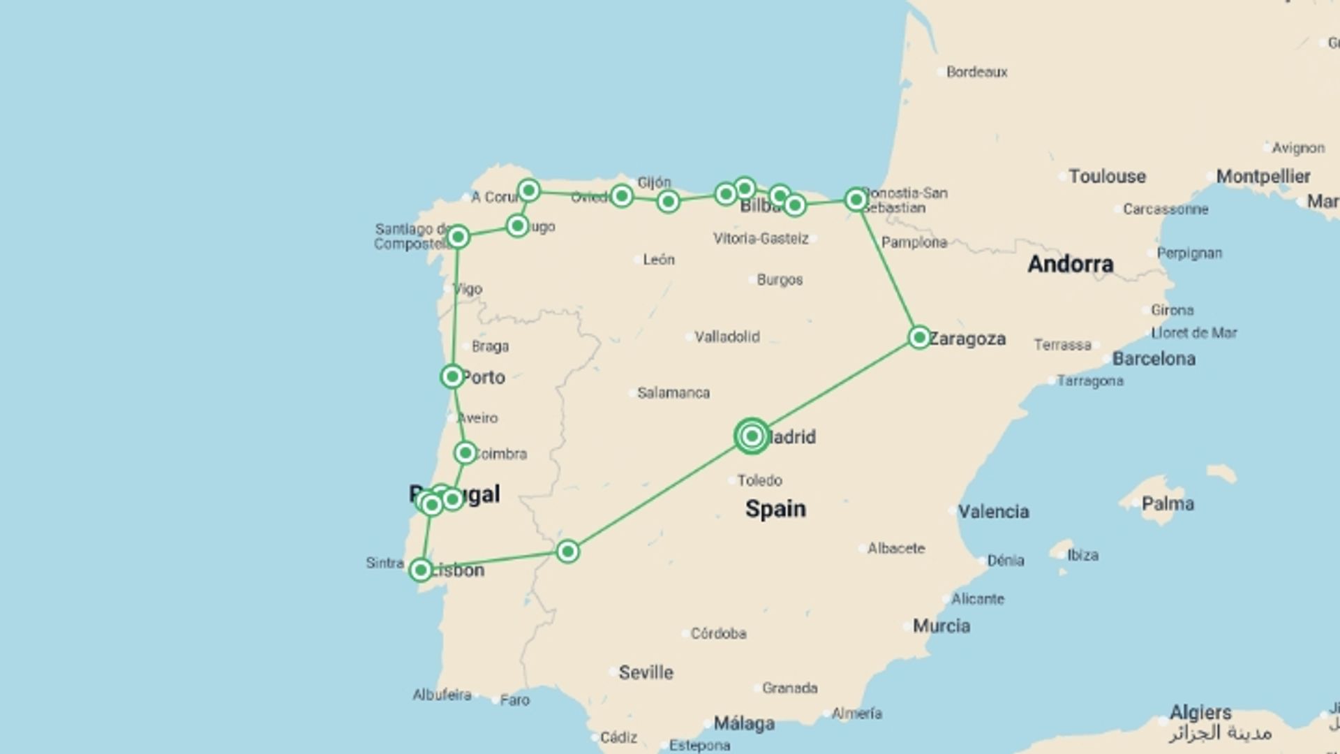 A map showing the tour itinerary for the trip: Northern Spain & Portugal Discovered Superior - 13 days, starting in Madrid, Spain and ending in Madrid, Spain going through 7 other destinations.