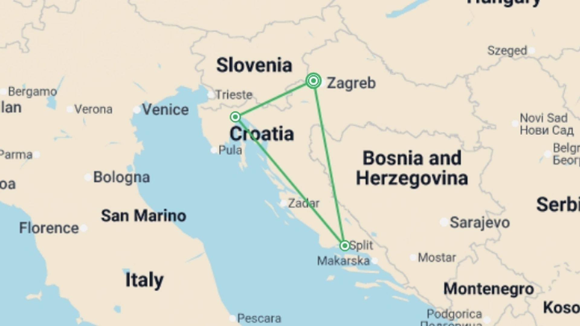 A map showing the tour itinerary for the trip: Winter in Croatia featuring Plitvice Lakes and the Adriatic Coast, starting in Zagreb, Croatia and ending in Zagreb, Croatia going through 3 other destinations.