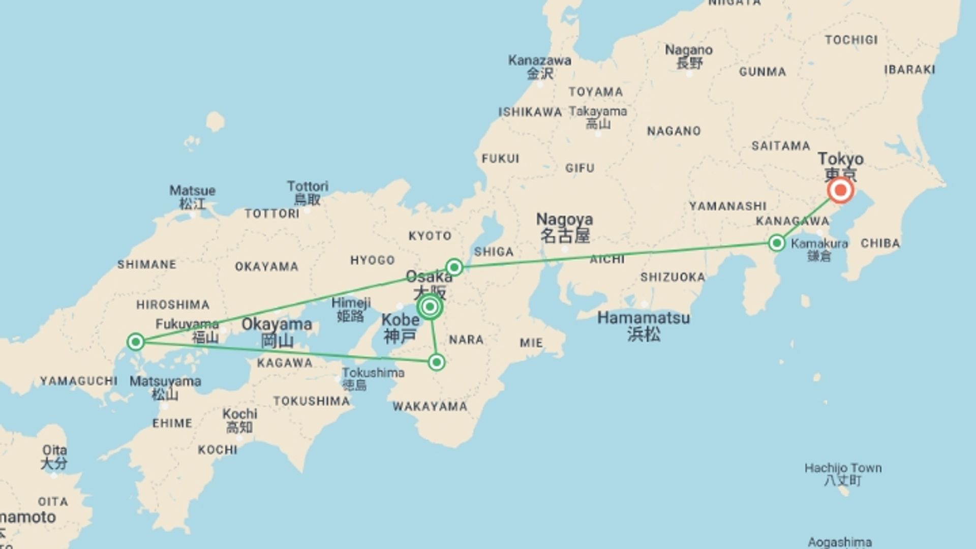 A map showing the tour itinerary for the trip: Japan Express – Osaka to Tokyo, starting in Osaka, Japan and ending in Tokyo, Japan going through 4 other destinations.