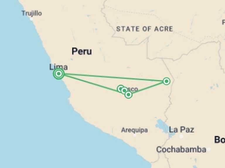 Map of Lima Tour with 7 destination visits for the trip: Inca Trail & Amazon Adventure