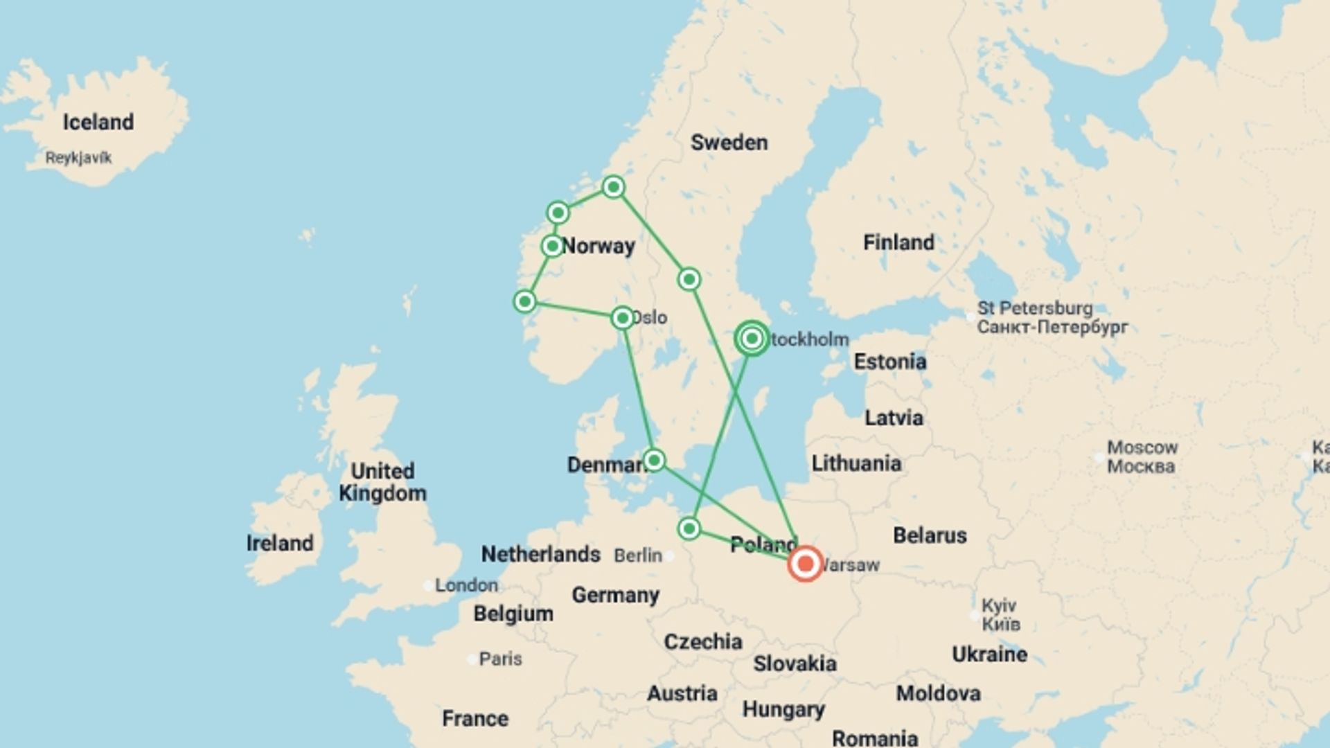 A map showing the tour itinerary for the trip: Legendary Fjords and Northern Poland End Warsaw, starting in Stockholm, Sweden and ending in Warsaw, Poland going through 8 other destinations.