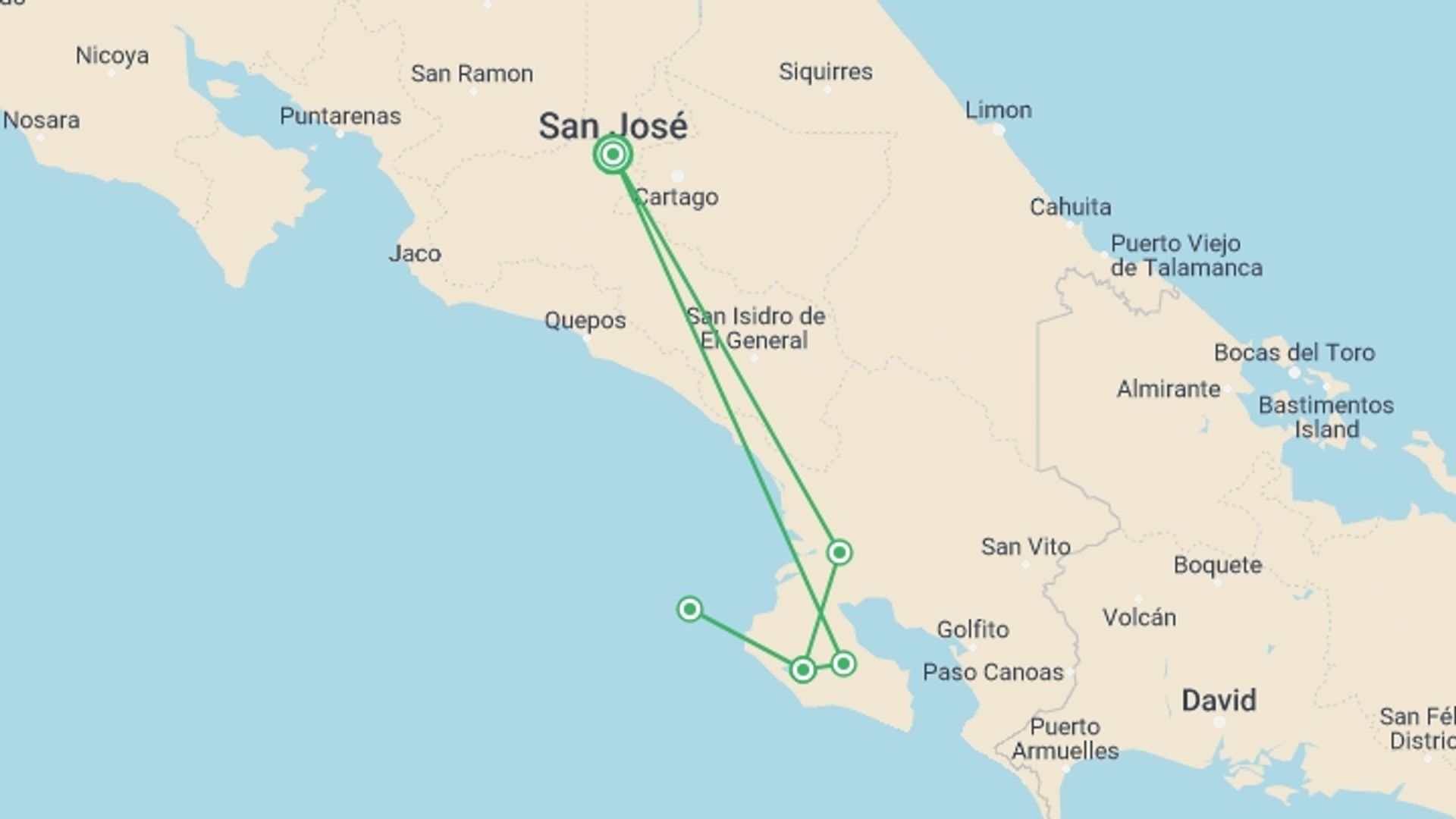A map showing the tour itinerary for the trip: Four Days in Osa Peninsula: Corcovado National Park, starting in San Jose, Costa Rica and ending in San Jose, Costa Rica going through 2 other destinations.