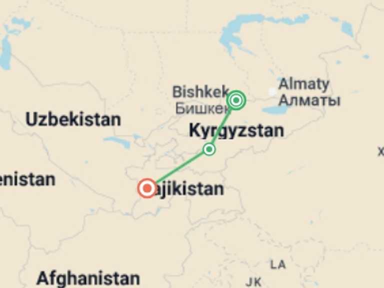 Map of 14-Day Asia Tour with 3 destination visits for the trip: Bishkek To Dushanbe (14 Days)