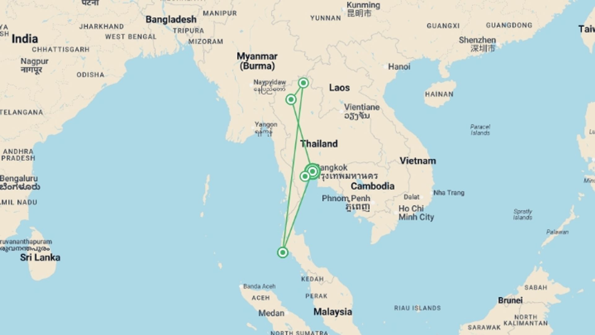 A map showing the tour itinerary for the trip: Bangkok, Golden Triangle & Phuket Superior With Domestic Flights Included, starting in Bangkok, Thailand and ending in Bangkok, Thailand going through 3 other destinations.