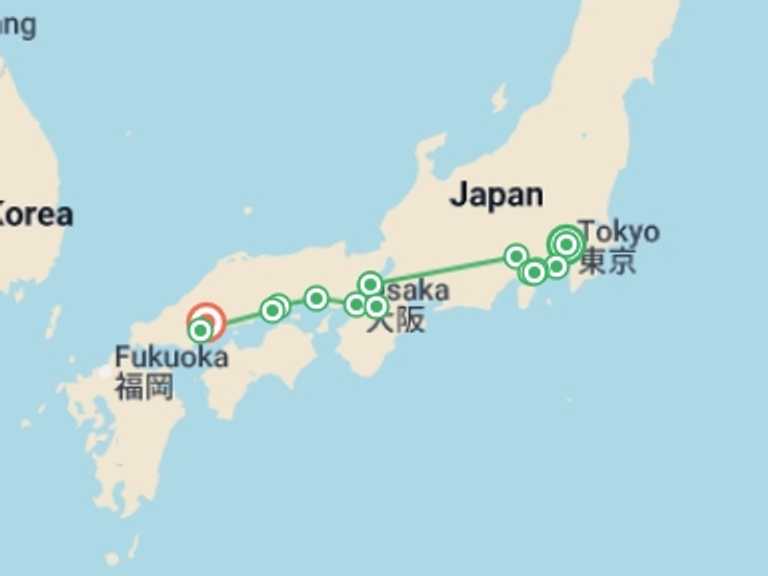 Map itinerary of Japan Tour in January 2027 with 7 destination visits for the trip: Essential Japan and Hakone end Hiroshima