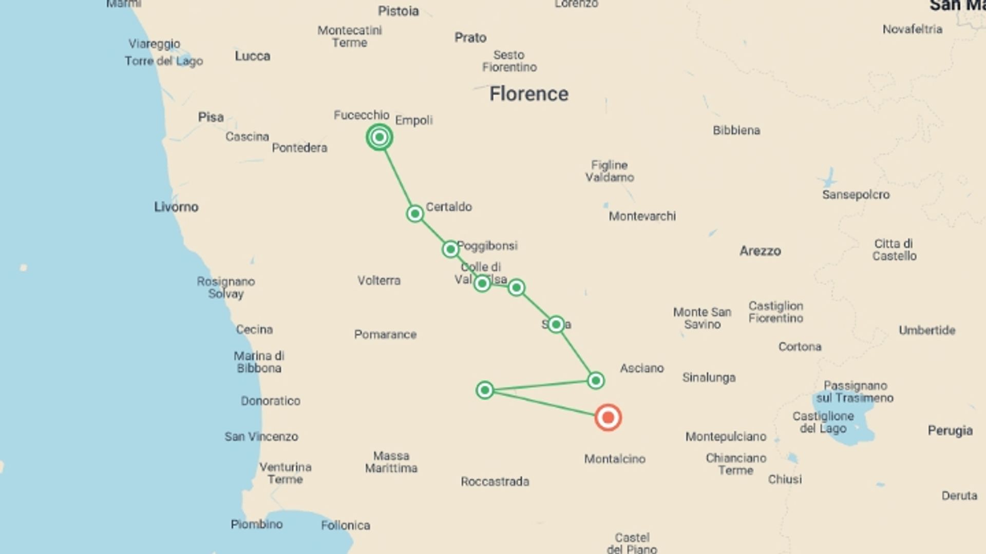 A map showing the tour itinerary for the trip: Via Francigena: Best of Tuscany, starting in San Miniato Alto, Italy and ending in Buonconvento, Italy going through 7 other destinations.