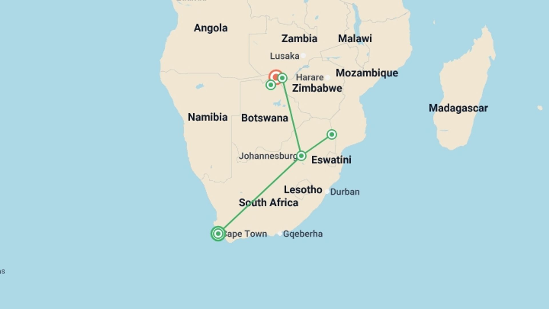 A map showing the tour itinerary for the trip: Cape, Safari and Falls Reunion 35 to 45, starting in Cape Town, South Africa and ending in Kasane, Botswana going through 4 other destinations.