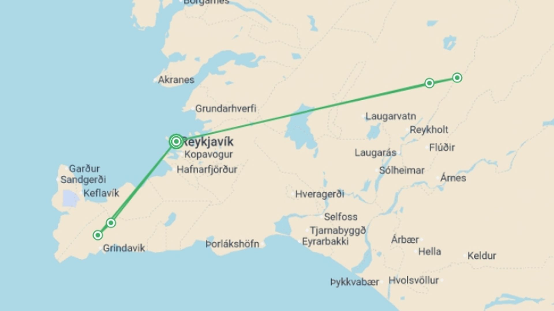 A map showing the tour itinerary for the trip: Reykjavik Iceland & Solar Eclipse Budget - 5 days, starting in Reykjavik, Iceland and ending in Reykjavik, Iceland going through 0 other destinations.