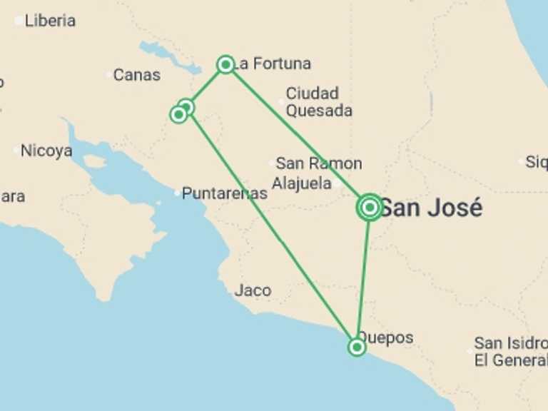Map itinerary of San Jose Tour in November 2025 with 5 destination visits for the trip: Premium Costa Rica