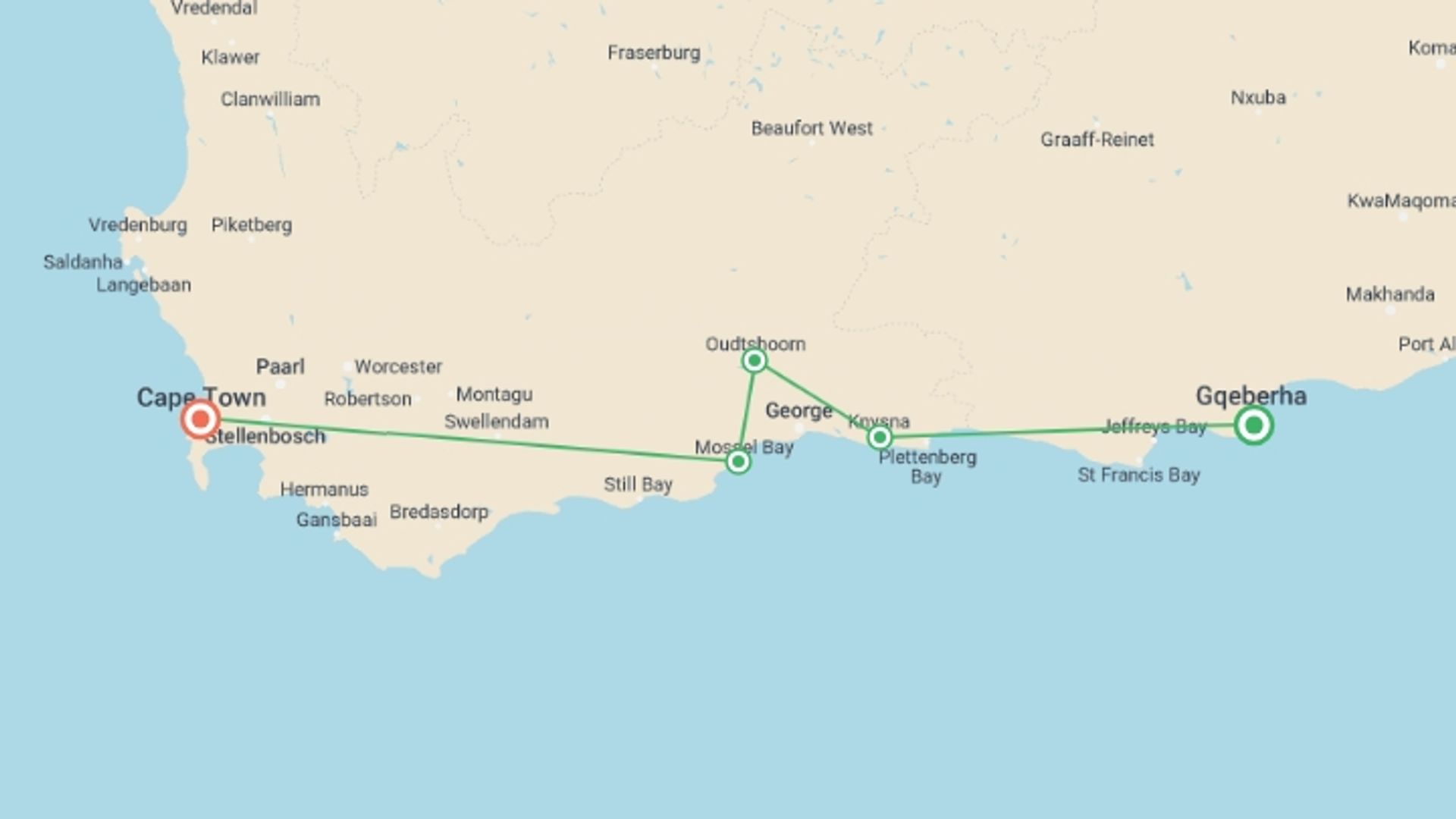 A map showing the tour itinerary for the trip: 4-day Port Elizabeth to Cape Garden Route Accommodated, starting in Port Elizabeth, South Africa and ending in Cape Town, South Africa going through 3 other destinations.
