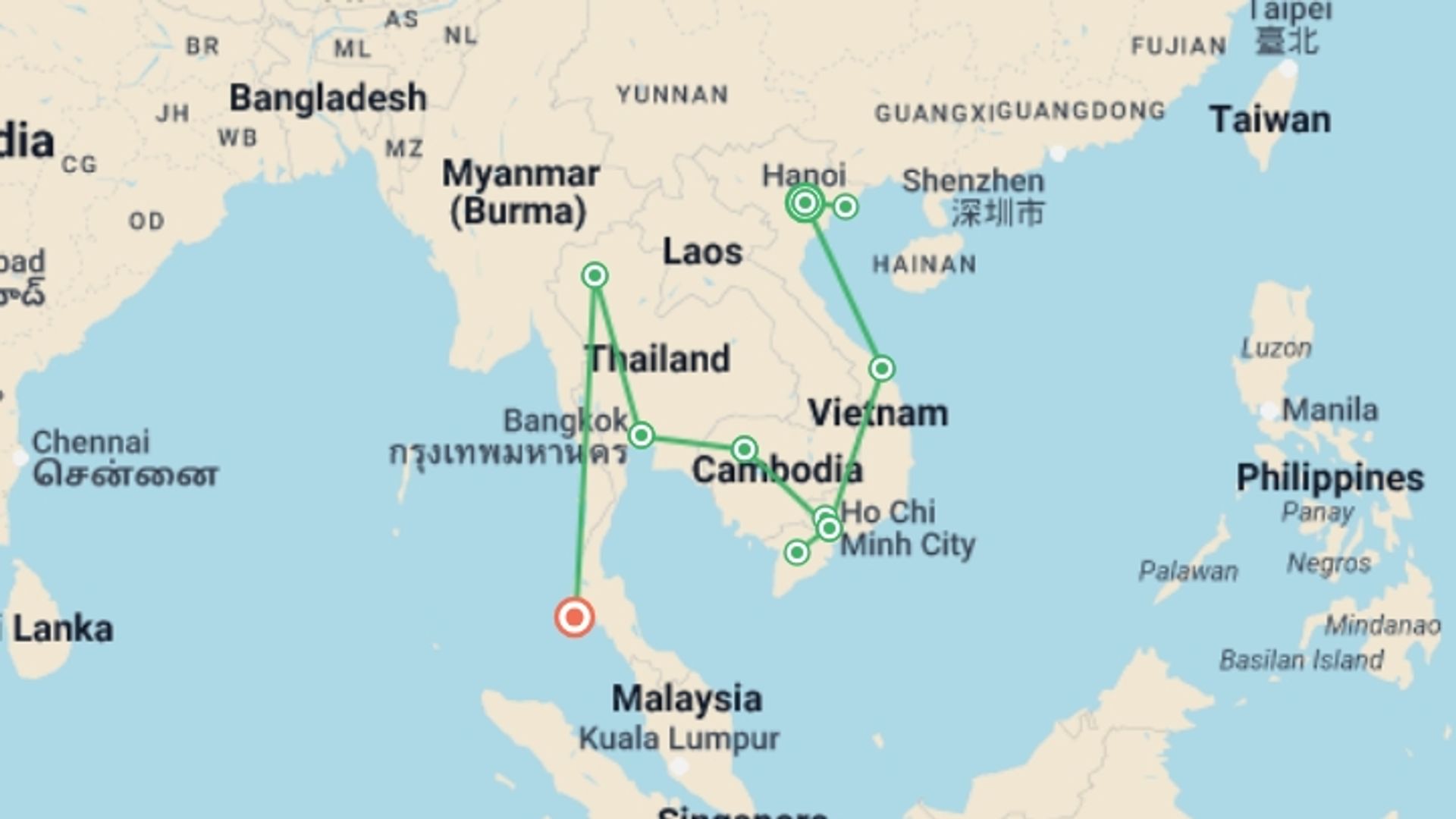 A map showing the tour itinerary for the trip: Highlights of Vietnam, Cambodia & Thailand: 20 Days , starting in Hanoi, Vietnam and ending in Phuket, Thailand going through 7 other destinations.