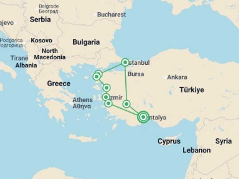 Map itinerary of Balkans Tour in Fall with 5 destination visits for the trip: Tui Tours | Turkish Cities & Culture, Small Group Tour