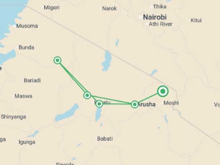 Map of Africa Tour with 5 destination visits for the trip: Kifaru Safari, Serena Lodges