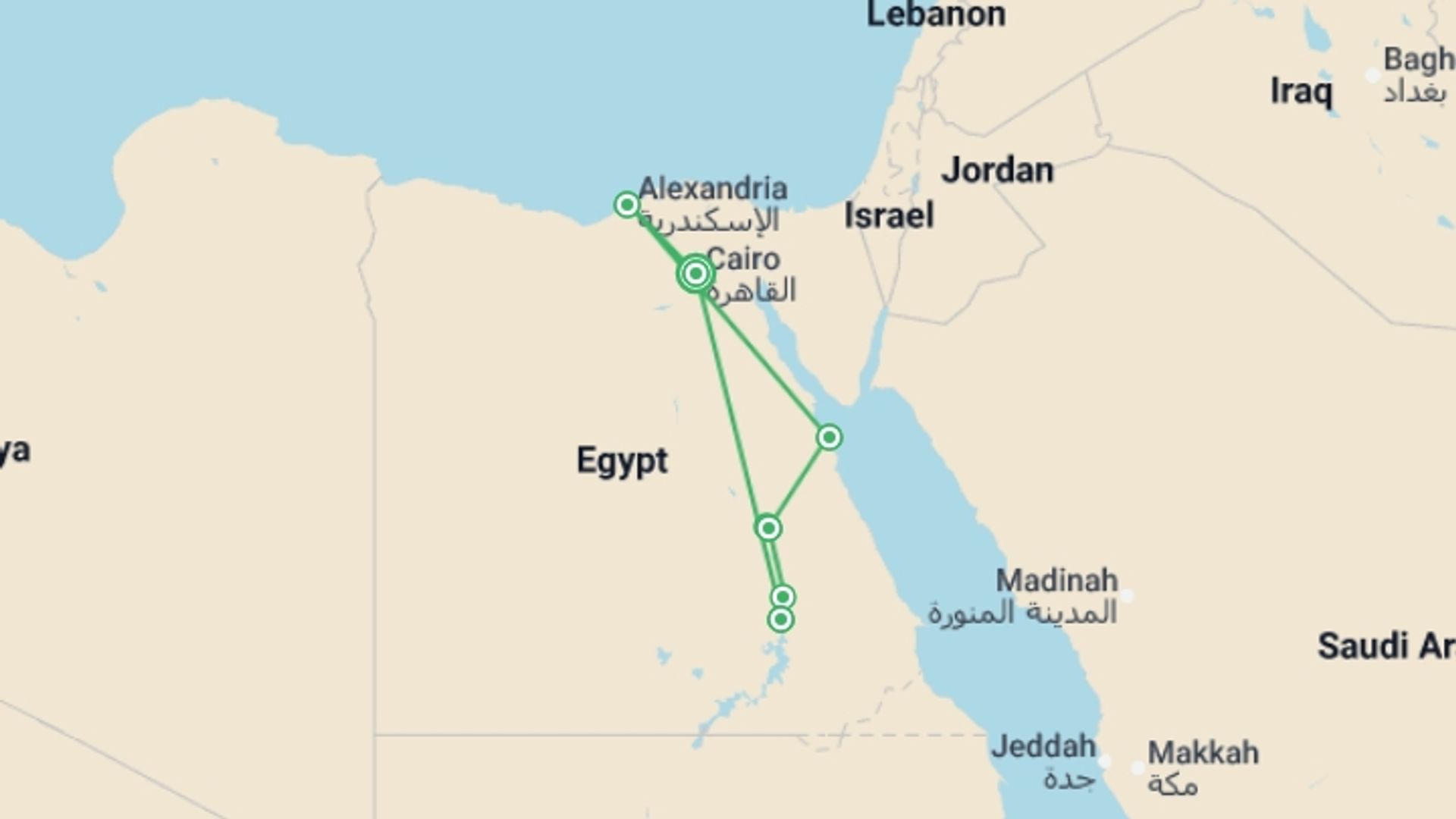 A map showing the tour itinerary for the trip: Highlights of Egypt, starting in Cairo, Egypt and ending in Cairo, Egypt going through 5 other destinations.