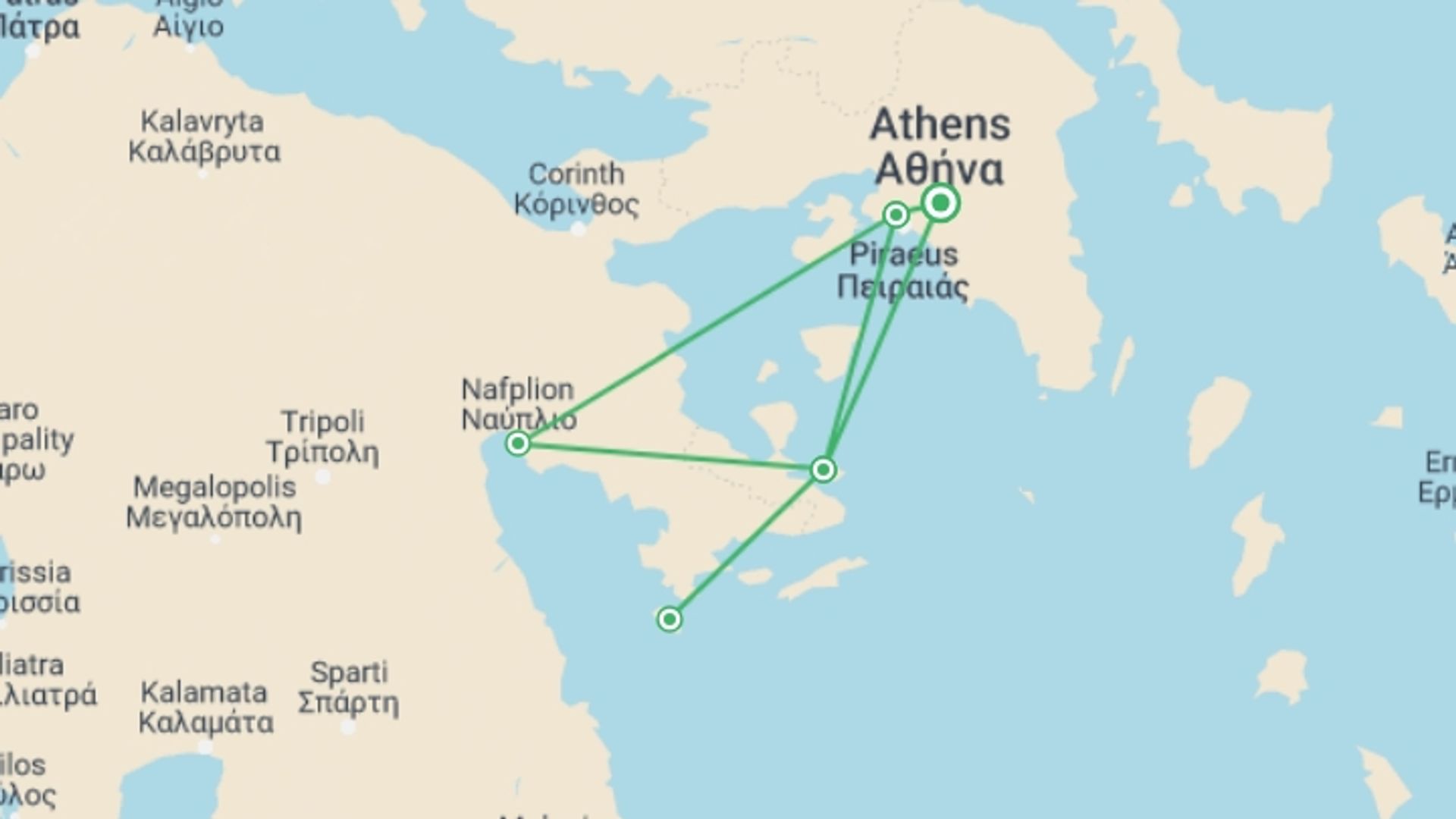 A map showing the tour itinerary for the trip: Peloponnese and Saronic Islands Bike & Boat, starting in Athens, Greece and ending in Athens, Greece going through 0 other destinations.