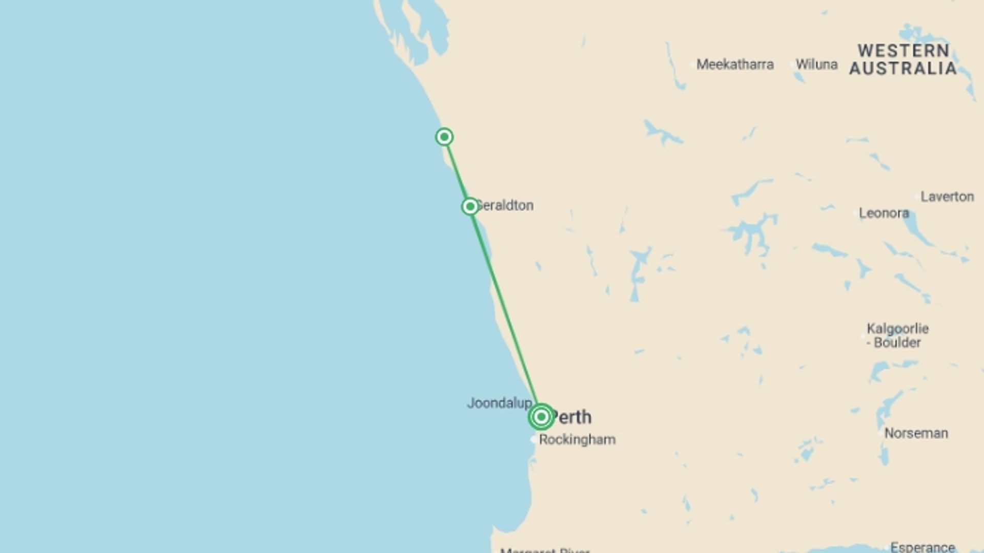 A map showing the tour itinerary for the trip: The Wildflower Wanderer, starting in Perth, Australia and ending in Perth, Australia going through 2 other destinations.
