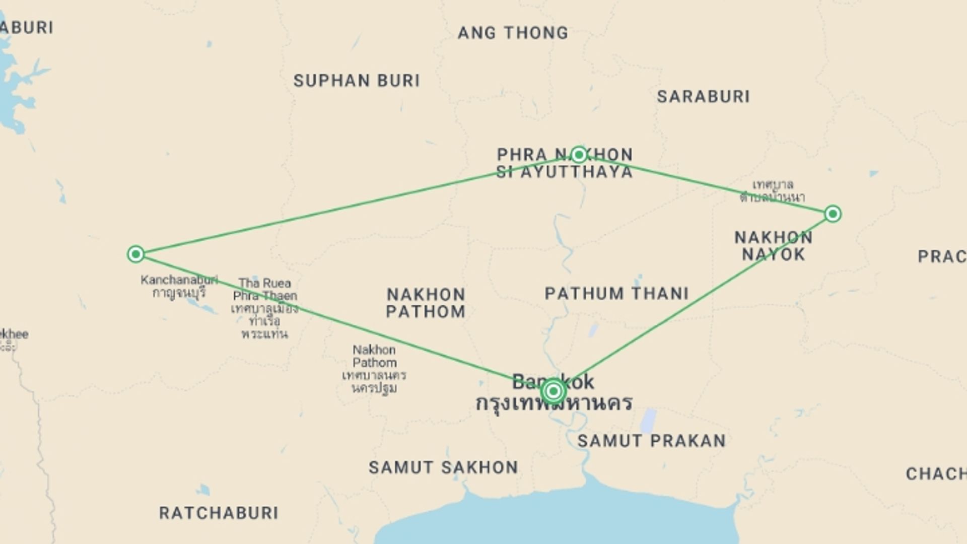 A map showing the tour itinerary for the trip: Central Thailand Highlights In A Loop 3 Days, Small Group Tour (english Only), starting in Bangkok, Thailand and ending in Bangkok, Thailand going through 2 other destinations.