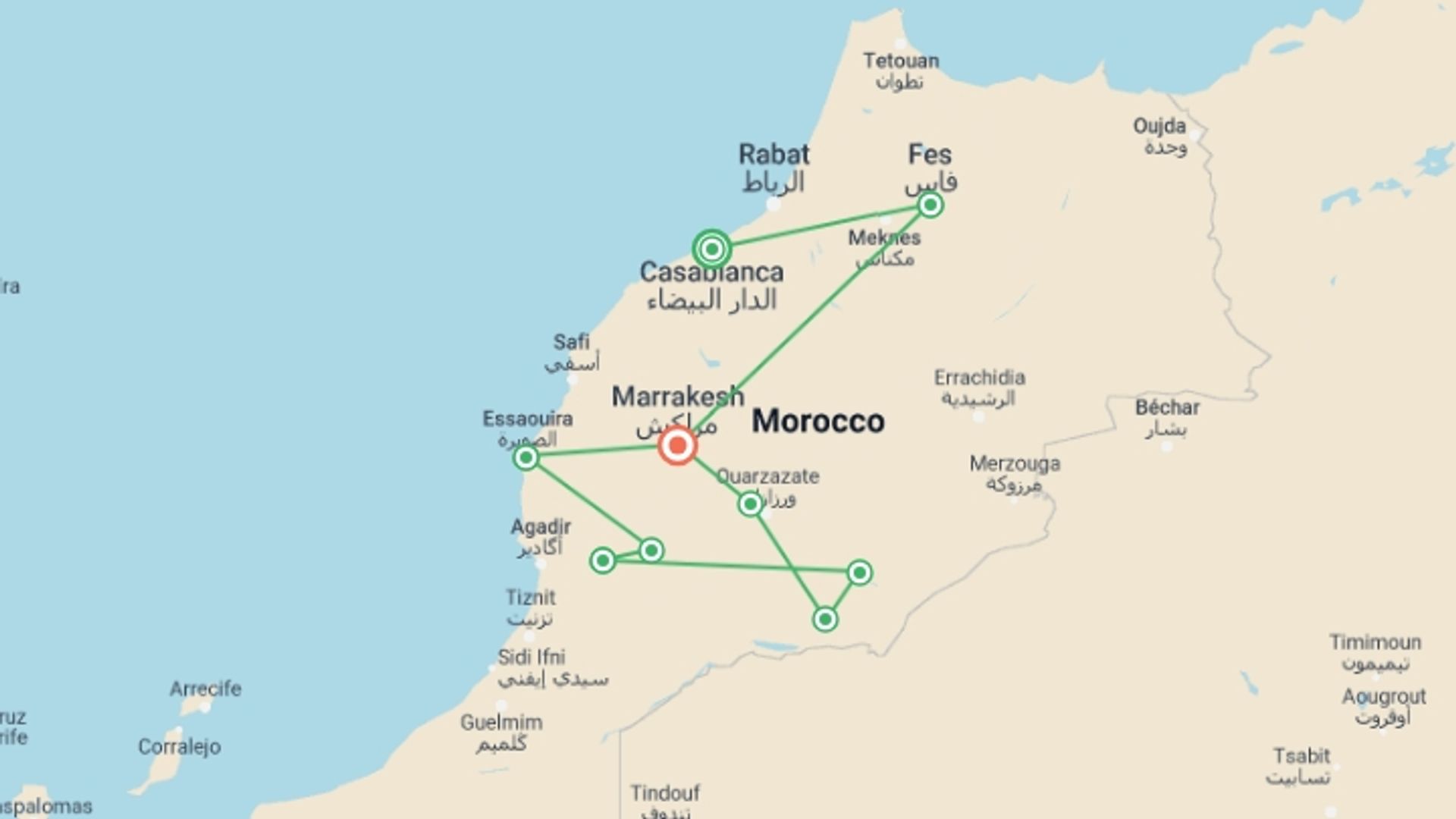 A map showing the tour itinerary for the trip: Journeys: Morocco in Depth, starting in Casablanca, Morocco and ending in Marrakech, Morocco going through 8 other destinations.