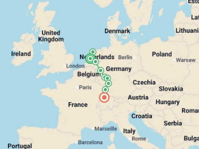 Map itinerary of Strasbourg Tour in June 2026 with 9 destination visits for the trip: Remarkable Rhine & Historic Holland (2026)
