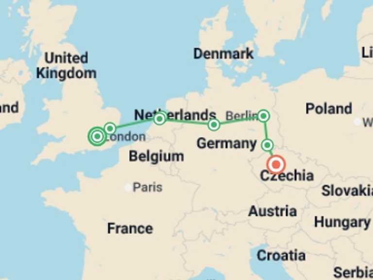 Map of 9-Day London Tour with 5 destination visits for the trip: From London to Prague
