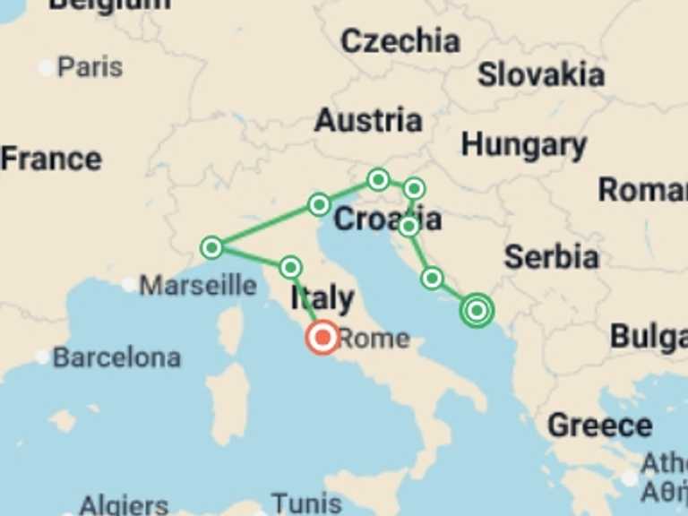 Map of Zagreb City sightseeing Tour with 9 destination visits for the trip: Dubrovnik to Rome