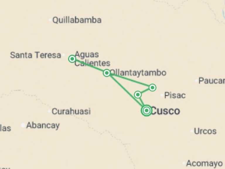 Map of 2-Day Peru Tour with 2 destination visits for the trip: Sacred Valley Trek to Machu Picchu 2D/1N