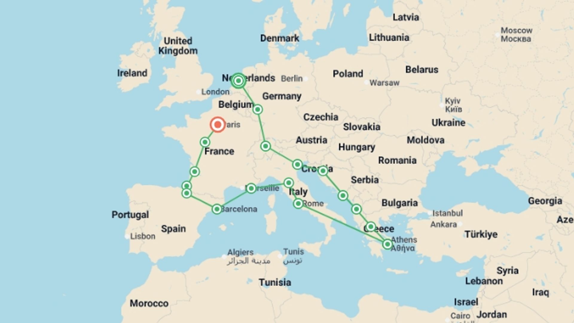 A map showing the tour itinerary for the trip: European Discoverer, starting in Amsterdam, Holland and ending in Paris, France going through 15 other destinations.