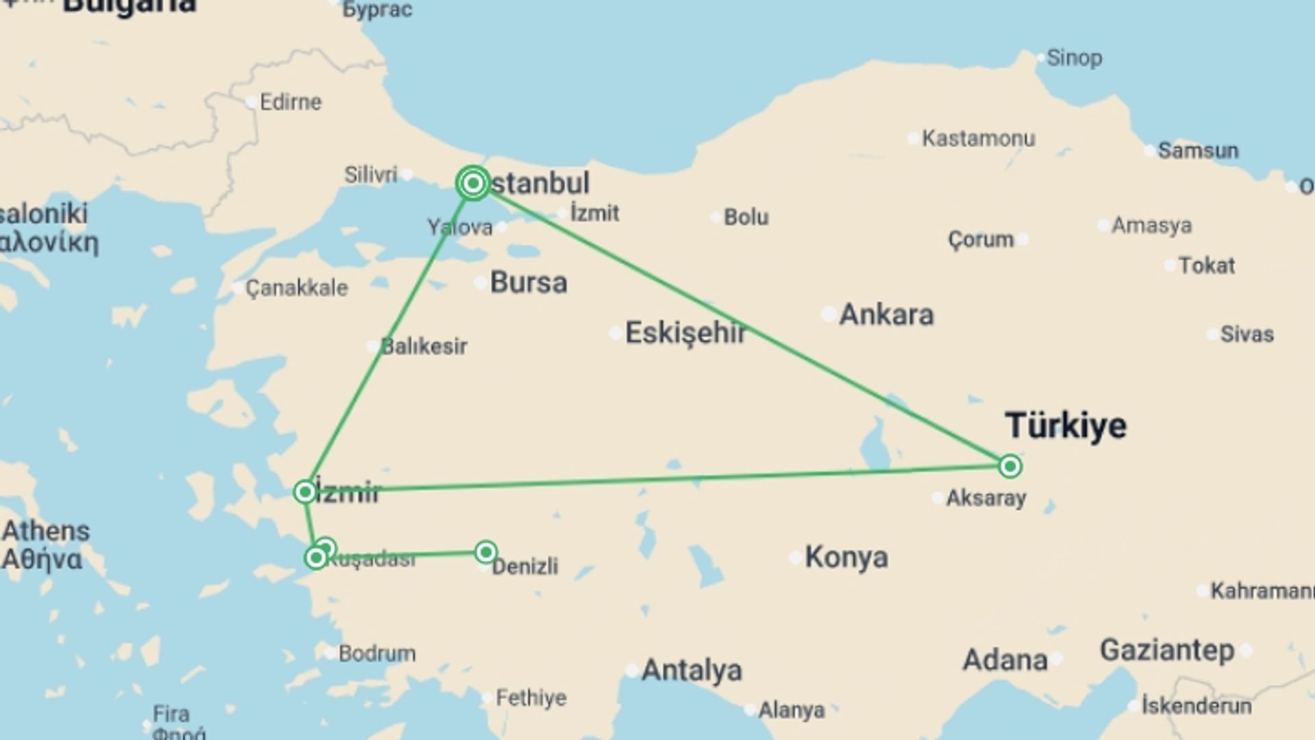 A map showing the tour itinerary for the trip: Totally Turkey (5 Star) - 8 days, starting in Istanbul, Turkey and ending in Istanbul, Turkey going through 2 other destinations.