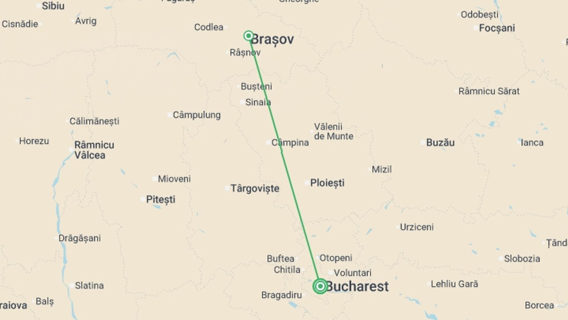 A map showing the tour itinerary for the trip: Transylvanian Long Weekend, starting in Bucharest, Romania and ending in Bucharest, Romania going through 1 other destinations.