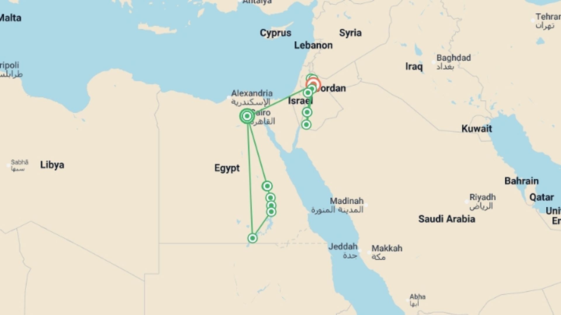 A map showing the tour itinerary for the trip: Best of Egypt & Jordan, starting in Cairo, Egypt and ending in Amman, Jordan going through 6 other destinations.