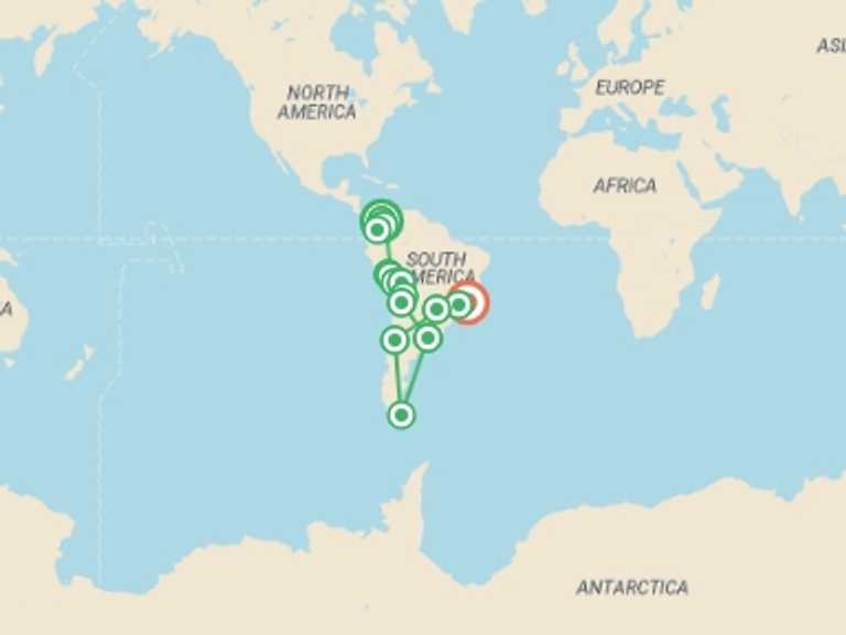 Map itinerary of South America Tour in November 2026 with 16 destination visits for the trip: Essential Colombia to Peru & Brazil - 33 days