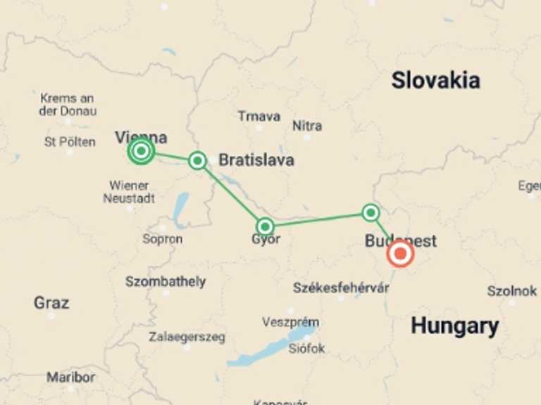 Map itinerary of Vienna Tour in September 2025 with 5 destination visits for the trip: Cycling Vienna to Budapest