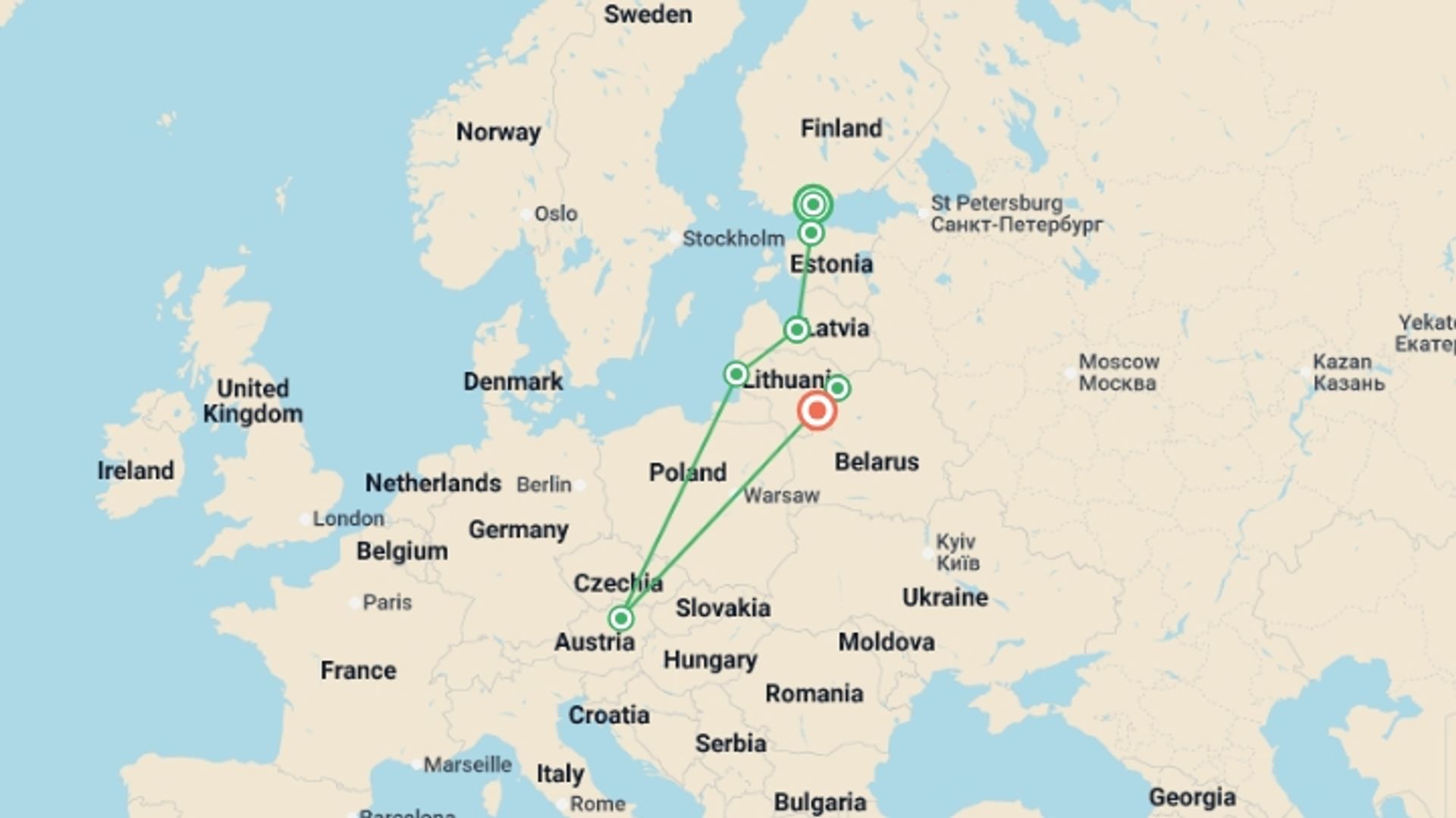 A map showing the tour itinerary for the trip: Baltic Experience, starting in Helsinki, Finland and ending in Vilnius, Lithuania going through 6 other destinations.
