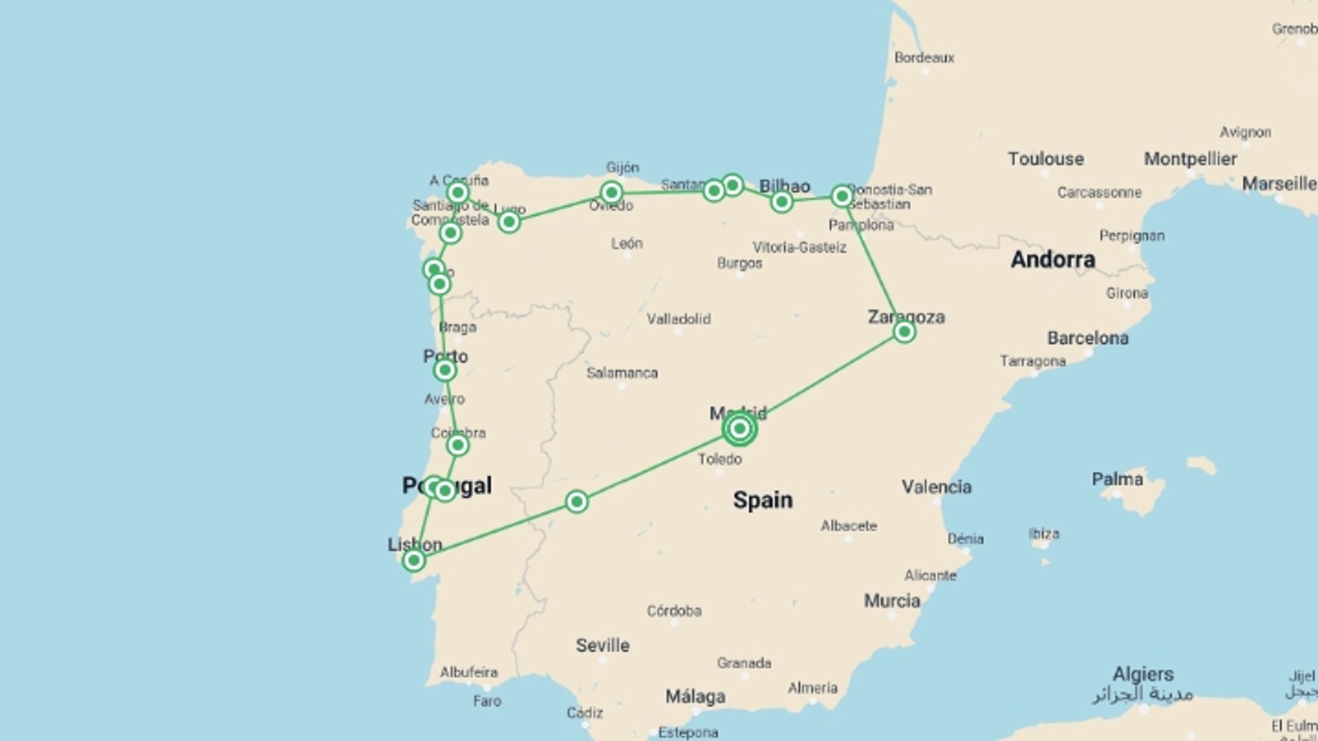 A map showing the tour itinerary for the trip: Best Of Northern Spain And Portugal, 16 Days Tour (multi Country), starting in Madrid, Spain and ending in Madrid, Spain going through 9 other destinations.