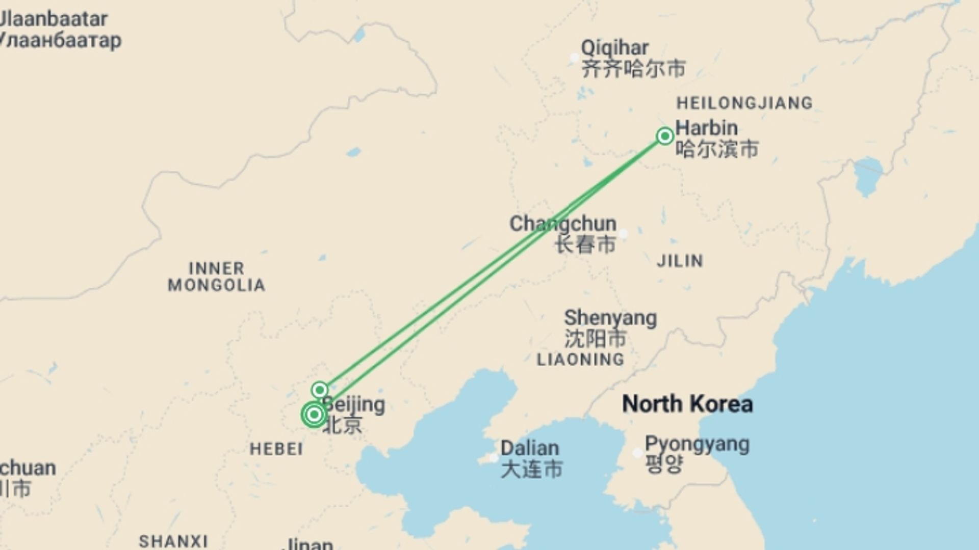 A map showing the tour itinerary for the trip: Harbin Ice Festival Express - 6 Days, starting in Beijing, China and ending in Beijing, China going through 2 other destinations.