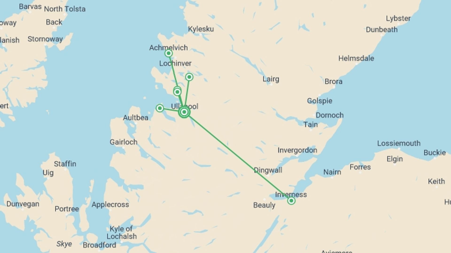 A map showing the tour itinerary for the trip: 8 Days / 7 Nights - Wonders Of Assynt And Ullapool Walking Tour, starting in Ullapool, England and ending in Ullapool, England going through 1 other destinations.