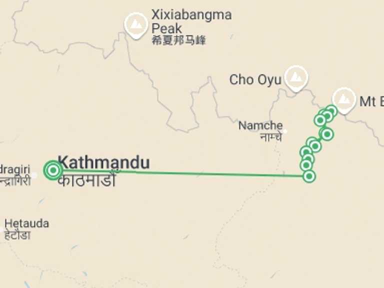 Map itinerary of Everest Base Camp trek Tour in December 2026 with 12 destination visits for the trip: Everest Base Camp Trek