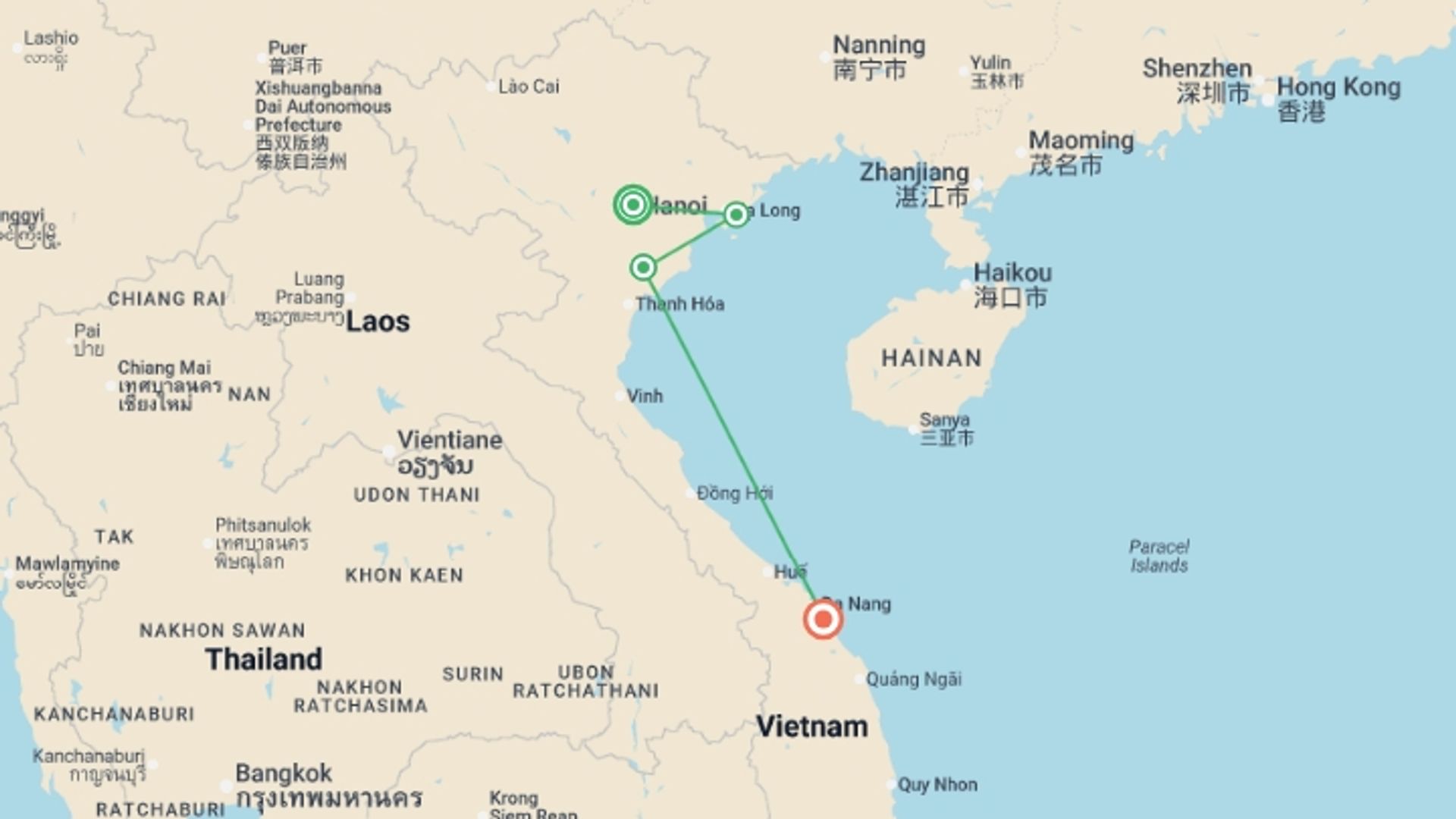A map showing the tour itinerary for the trip: Vietnam Intro 9 day, starting in Hanoi, Vietnam and ending in Hoi An, Vietnam going through 3 other destinations.