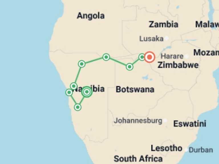 Map itinerary of Africa Tour in October 2026 with 9 destination visits for the trip: Namibia to Victoria Falls Explorer