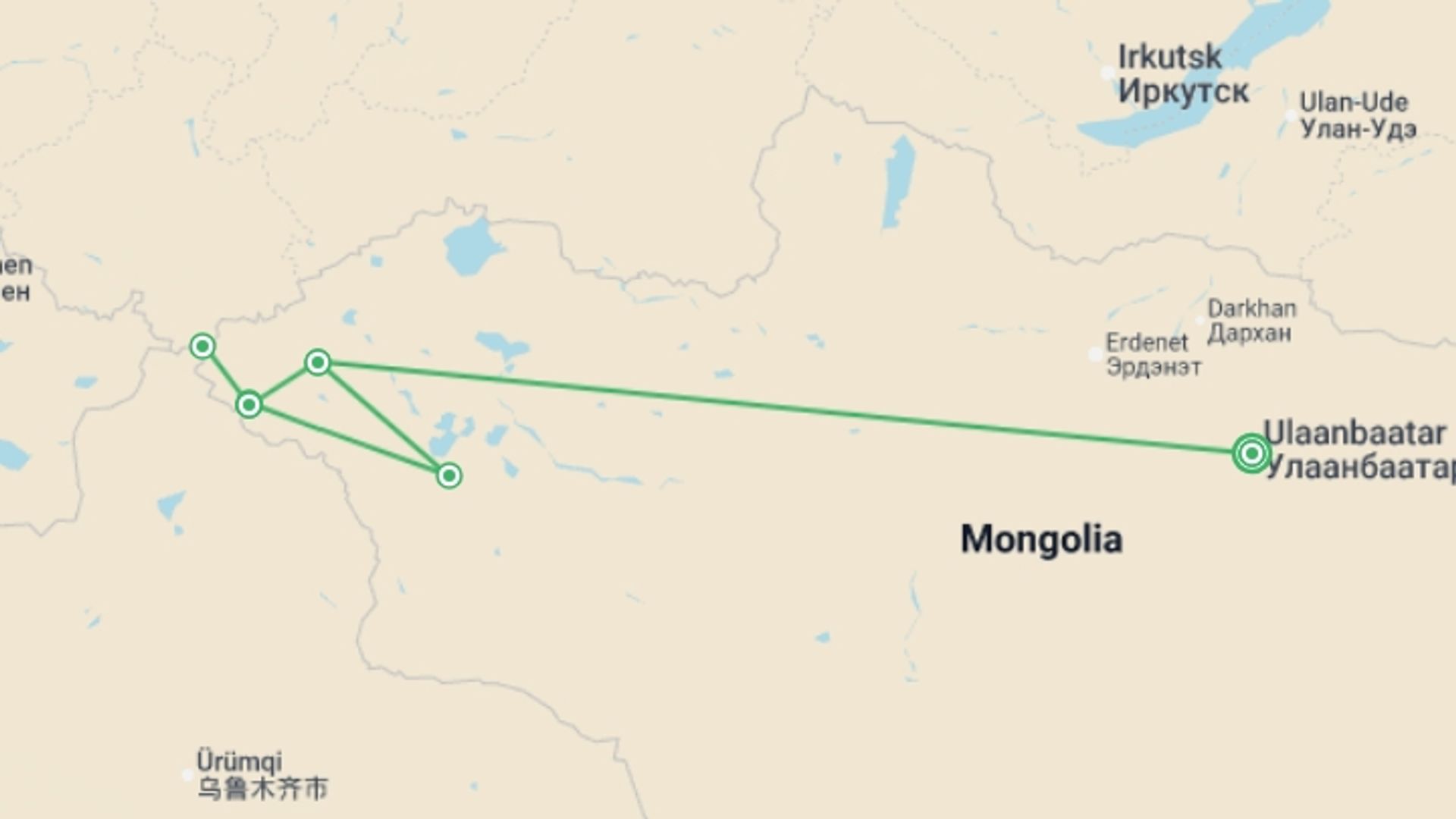 A map showing the tour itinerary for the trip: Mongolian Tavan Bogd Trek, starting in Ulaanbaatar, Mongolia and ending in Ulaanbaatar, Mongolia going through 0 other destinations.