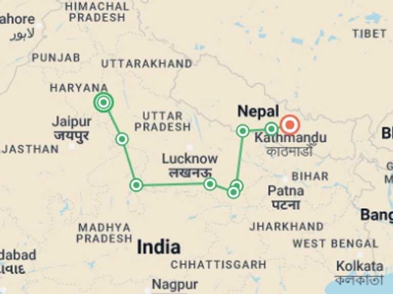 Map of 15-Day New Delhi Tour with 9 destination visits for the trip: Delhi to Kathmandu