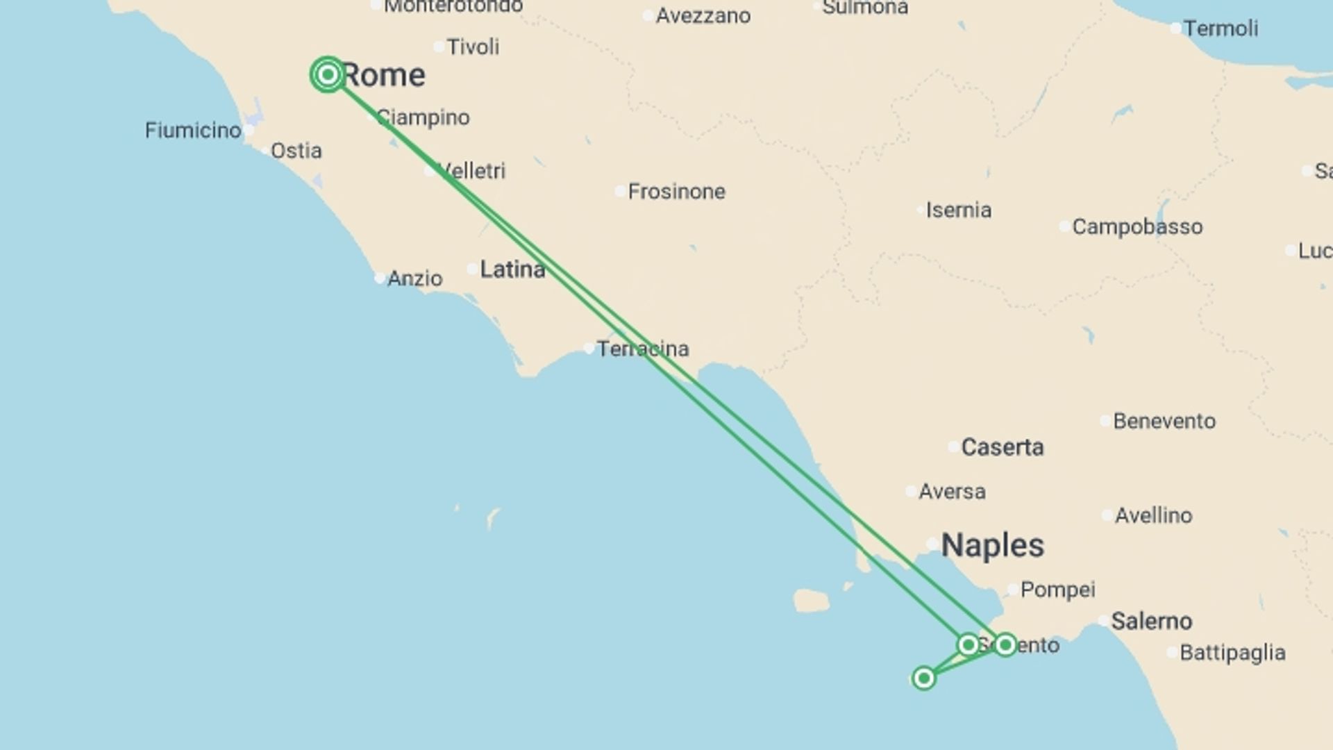 A map showing the tour itinerary for the trip: Discover the Best of the Amalfi Coast from Rome, starting in Rome, Italy and ending in Rome, Italy going through 3 other destinations.