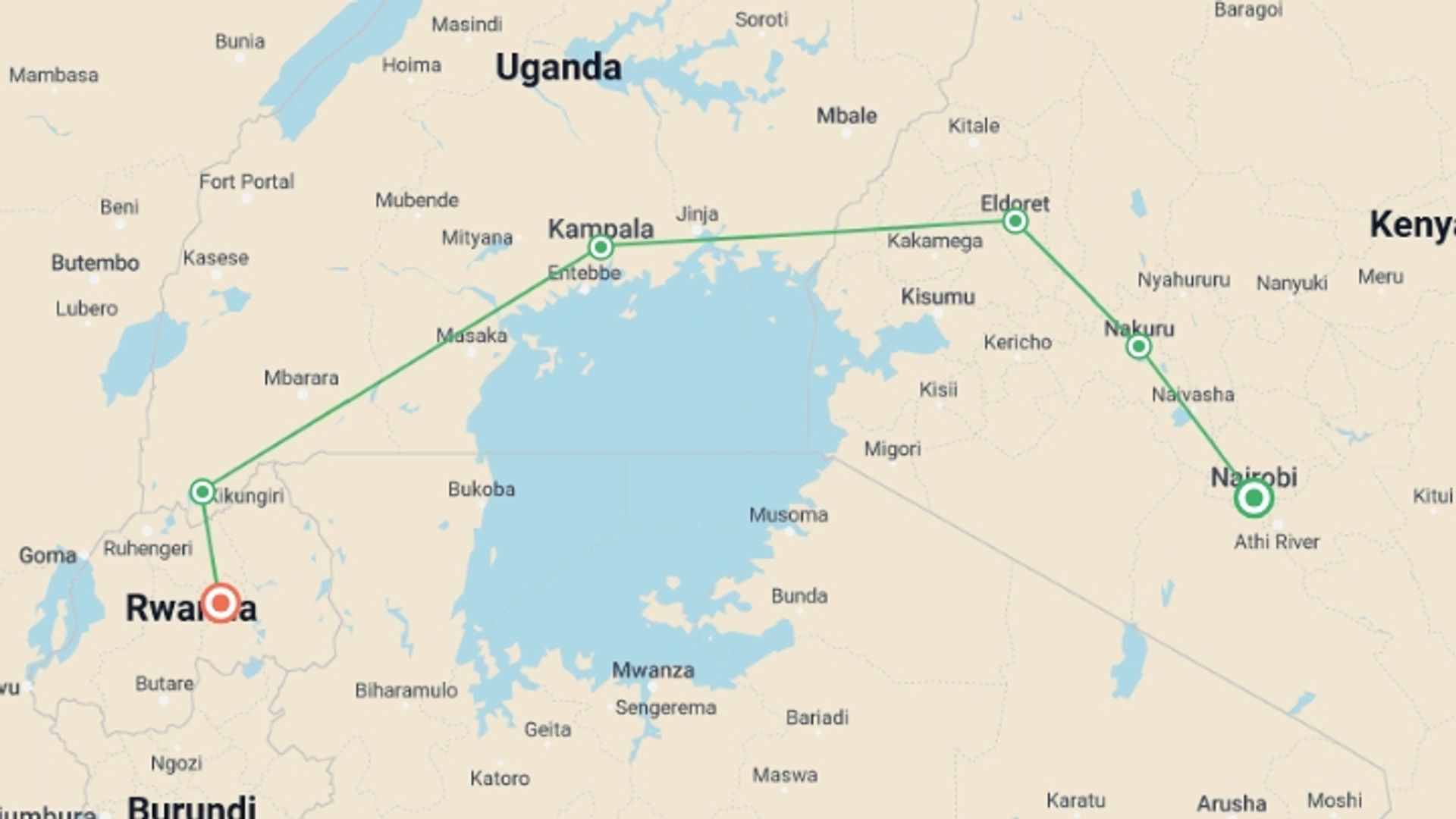 A map showing the tour itinerary for the trip: Nairobi To Kigali (13 Days) Gorillas & Gameparks, starting in Nairobi, Kenya and ending in Kigali, Rwanda going through 3 other destinations.