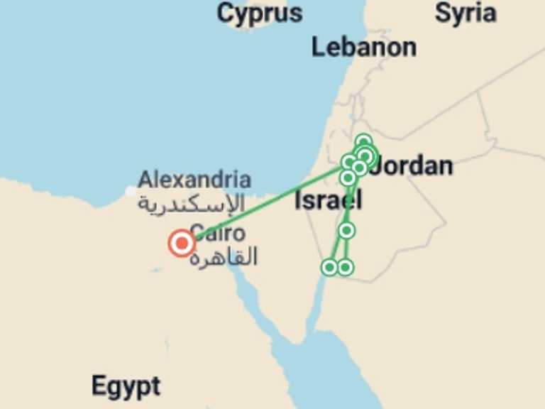 Map itinerary of Asia Tour in August 2026 with 6 destination visits for the trip: Unforgettable Jordan and Cairo