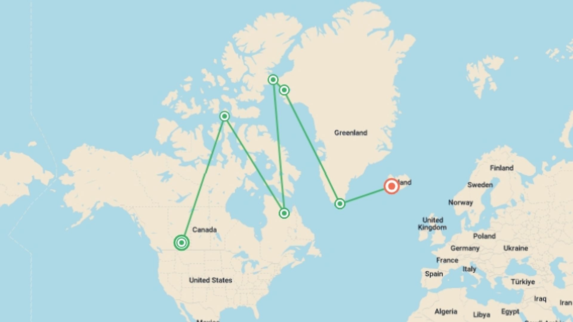 A map showing the tour itinerary for the trip: Northwest Passage: Epic High Arctic (Ocean Explorer), starting in Calgary, Canada and ending in Reykjavik, Iceland going through 6 other destinations.