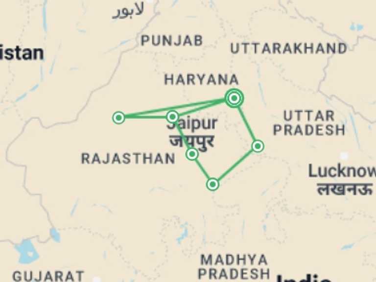 Map itinerary of India Tour in September 2027 with 6 destination visits for the trip: Northern India Family Holiday Comfort